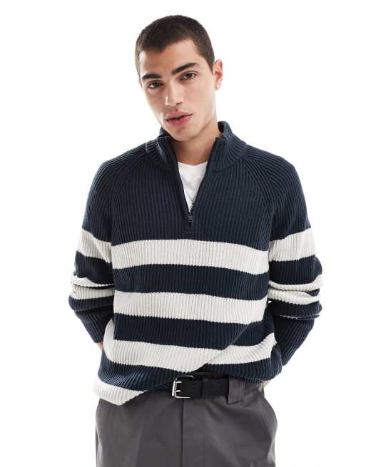 Hollister – Strickpullover in Marineblau gestreift mit kurzem Reißverschluss, 2 von 4