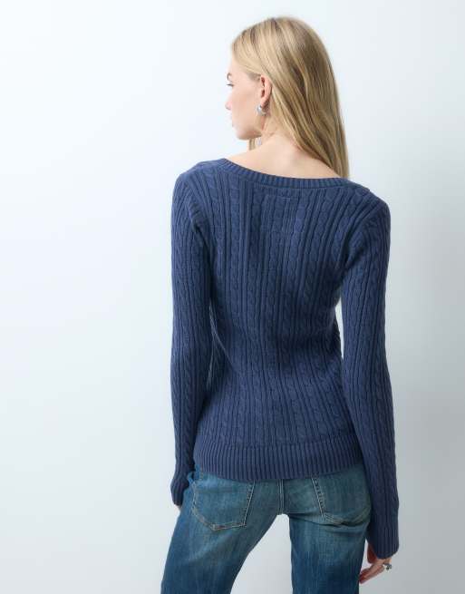 Hollister Strickpullover mit Icon-Logo und U-Ausschnitt in Marineblau, 4 von 4