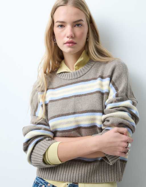 Hollister Strickpullover mit Rundhalsausschnitt in braun und blau gestreift, 1 von 4