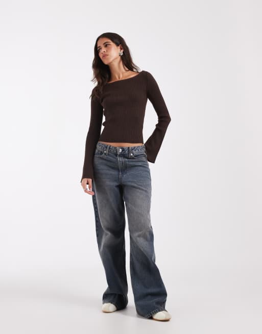Hollister strikket offshoulder-striktrøje i brun, 2 af 4