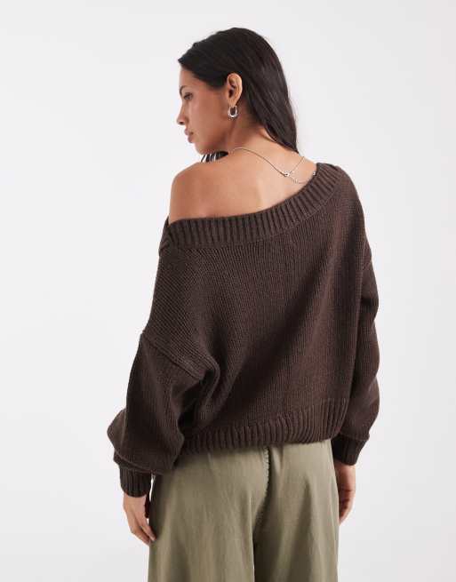 Hollister strikket offshoulder-striktrøje i brun, 4 af 4