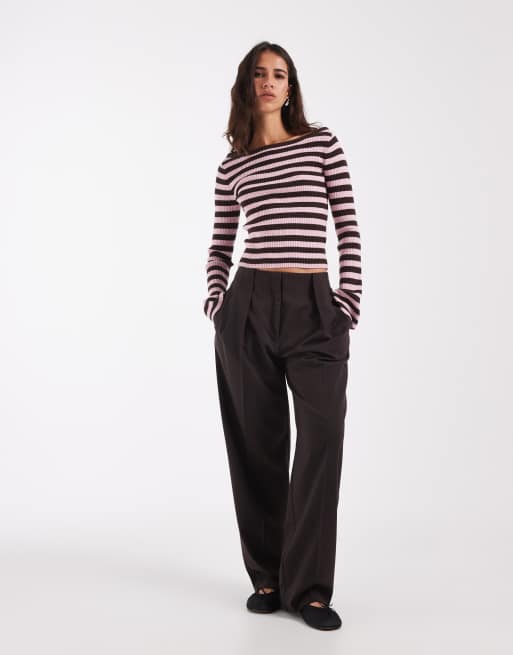 Hollister strikket offshoulder-striktrøje i pink og brun stribe, 4 af 4