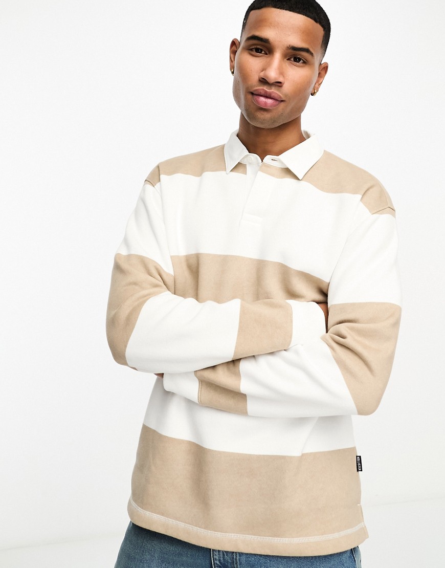 Hollister stripe relaxed fit rugby sweatshirt in tan/white-Brown