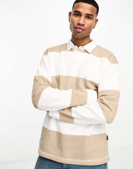 Hollister stripe relaxed fit rugby sweatshirt in tan white ASOS