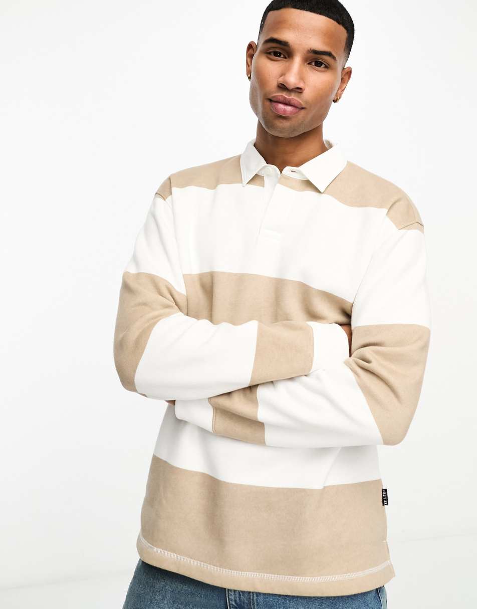 Hollister stripe relaxed fit rugby sweatshirt in tan/white