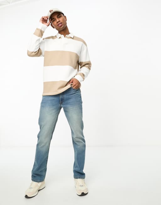 Hollister stripe relaxed fit rugby sweatshirt in tan white ASOS