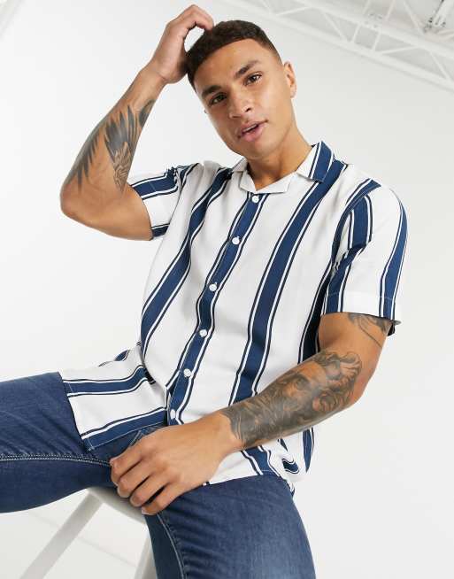 Navy Blue Oversized Stripe Rayon Shirt