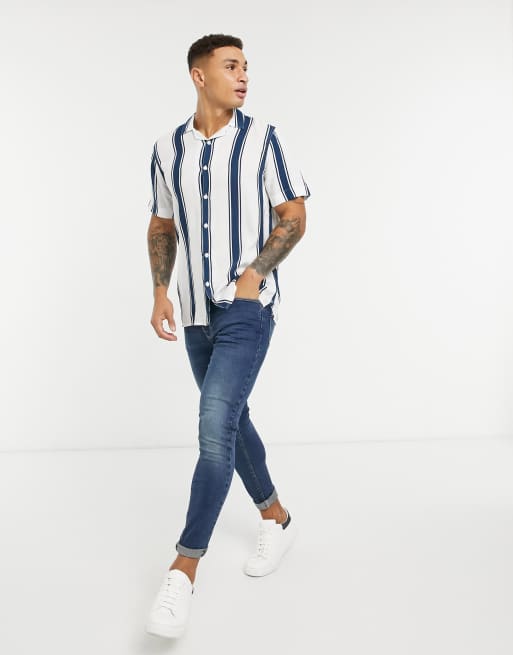 Hollister stripe short sleeve rayon shirt in navy