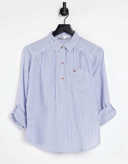 Hollister Striped Button Half Down Shirt, Women's Fashion, Tops