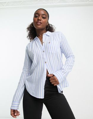 Hollister striped button through shirt in light blue