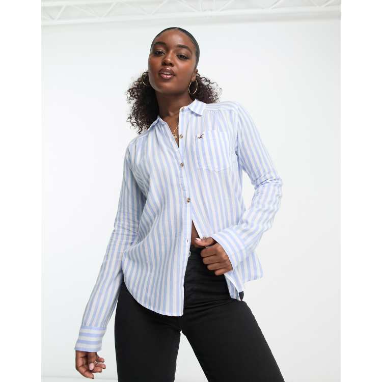 Hollister Striped Button Half Down Shirt, Women's Fashion, Tops