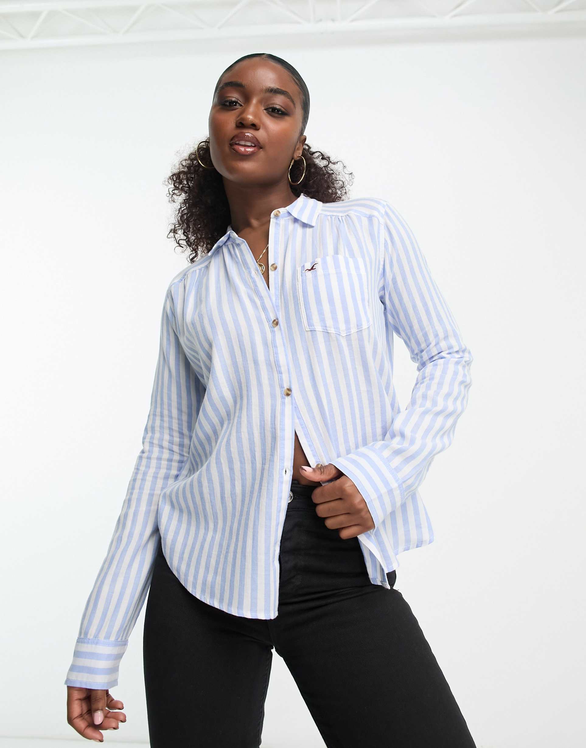 Hollister striped button through shirt in light blue view 2