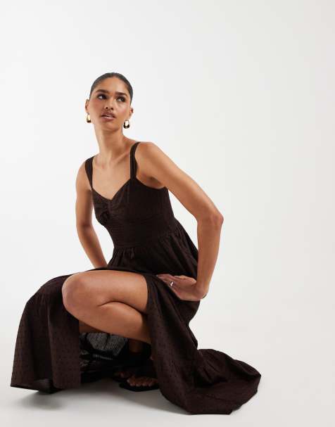 Hollister striped v neck strappy maxi dress with slit in brown - view 1