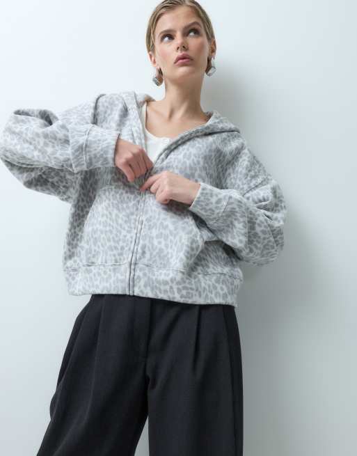 Hollister sudadera con capucha extragrande con cremallera y estampado de leopardo, 3 de 5