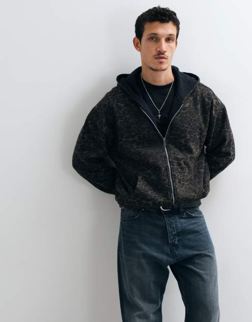 Hollister - Sudadera con capucha reversible con cremallera en negro y leopardo, 2 de 5