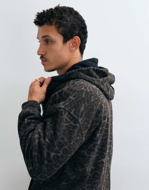 Hollister - Sudadera con capucha reversible con cremallera en negro y leopardo, 4 de 5