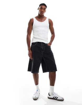 Hollister Hollister super baggy denim embroidered short in dark wash-Blue