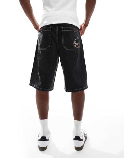 Hollister super baggy denim embroidered short in dark wash | ASOS