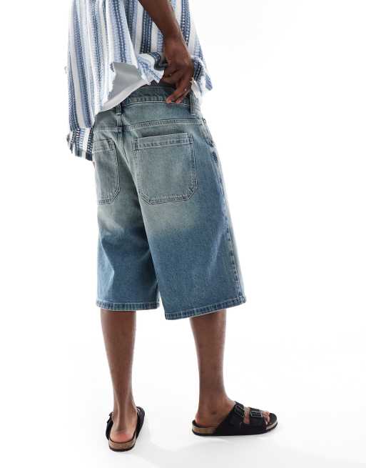 Hollister super baggy denim embroidered short in medium wash | ASOS