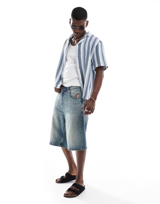 Hollister super baggy denim embroidered short in medium wash