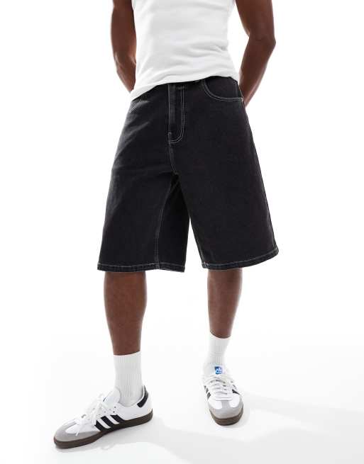 Hollister super baggy denim embroidered short in dark wash