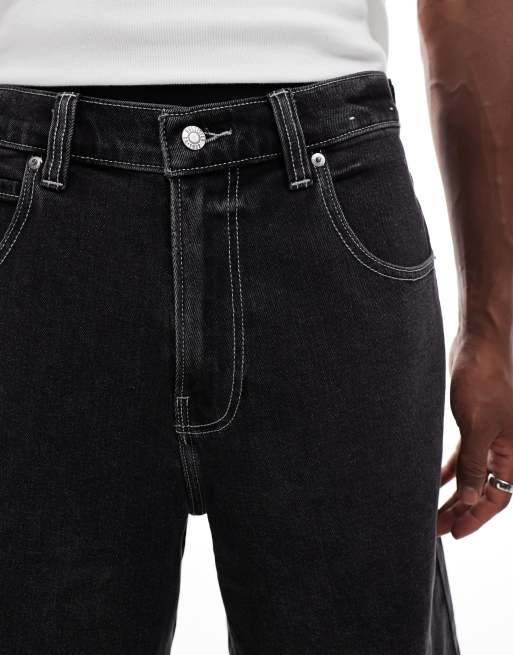 Hollister super baggy denim embroidered shorts in dark wash | ASOS