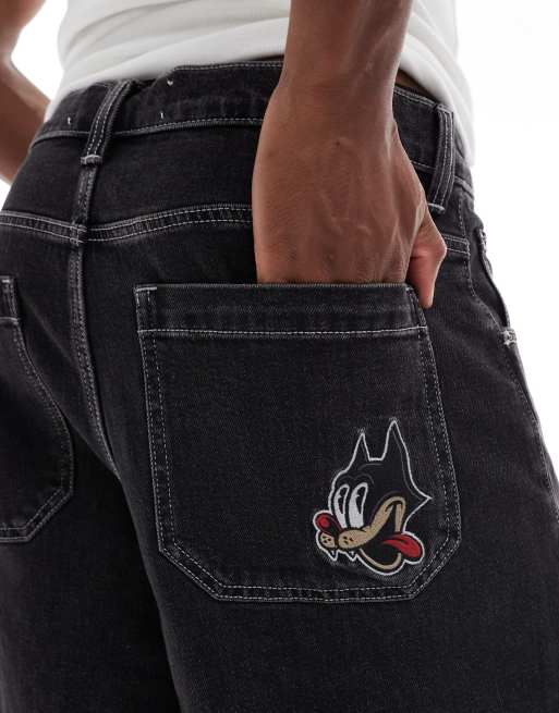 Hollister super baggy denim embroidered short in dark wash