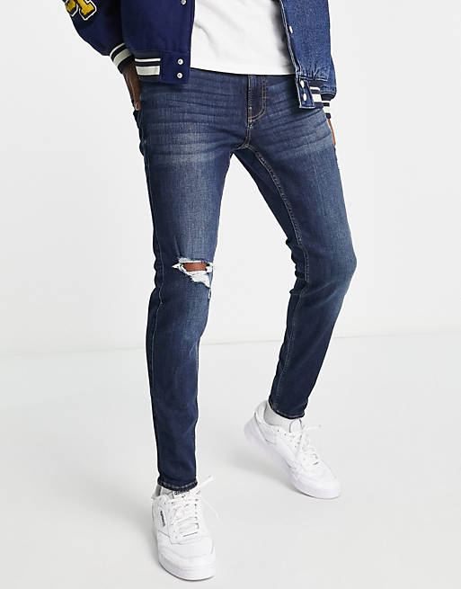 Hollister superskinny fit distressed knee blowout jeans in bright dark wash
