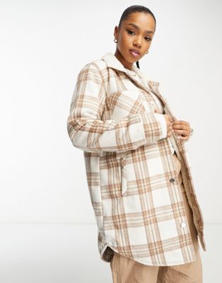Hollister sherpa long shacket in brown plaid - ASOS Price Checker