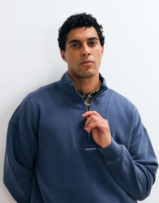 Hollister surf logga 1/4-zip sweatshirt i tvättad blå