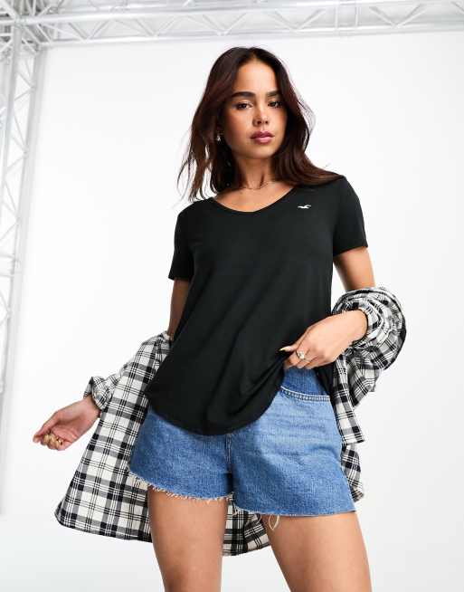 Hollister - Svart, v-ringad t-shirt med ikon logga, 2 av 4