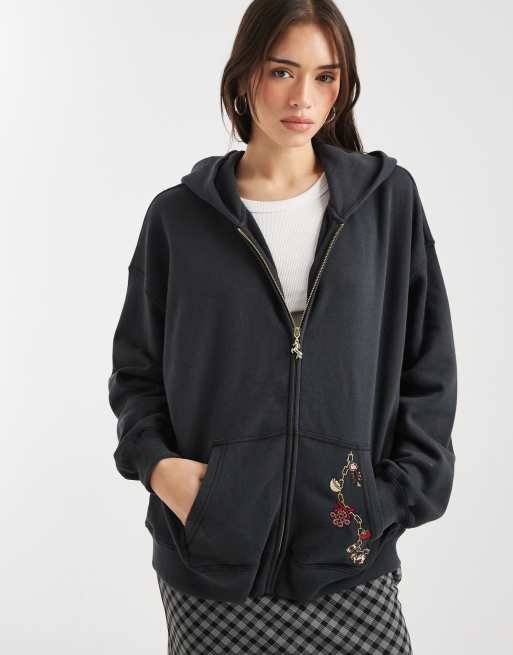 Hollister - Sweat à capuche coupe boyfriend avec broderie - Noir