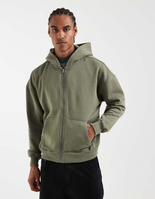 Hollister - Sweat à capuche zippé coupe carrée avec poches devant - Vert olive