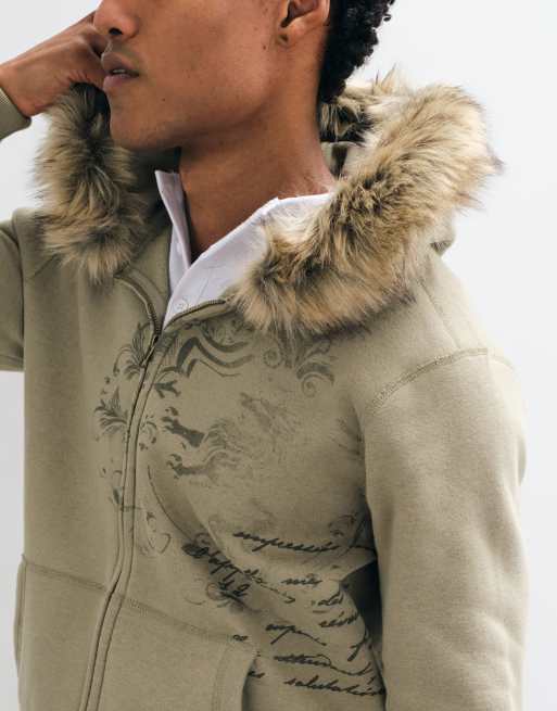 Hollister sweat à capuche zippé doublé en faux-fur kaki, 5 de 5
