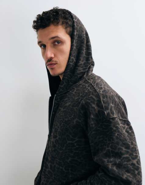 Hollister sweat à capuche zippé réversible noir et léopard - view 1