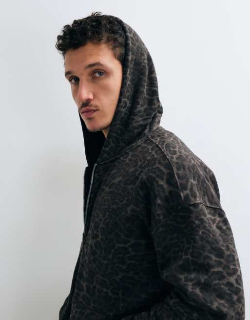 Hollister sweat à capuche zippé réversible noir et léopard, 1 de 5