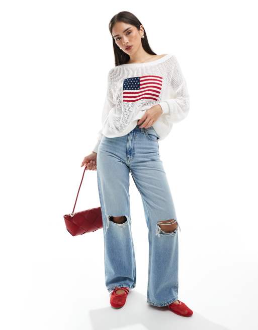 Hollister - Sweat ample à manches longues et motif drapeau des États-Unis - Blanc, 2 de 4