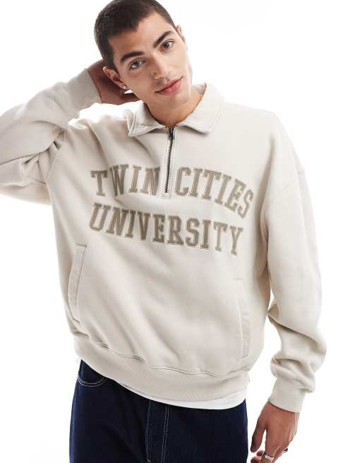 Hollister - Sweat coupe carrée à col à revers zippé et motif - Beige