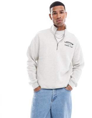Hollister - Sweat décontracté à col zippé et imprimé Lakeview Rowing Club vintage - Gris chiné