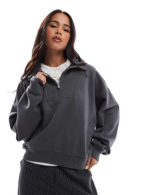 Hollister - Sweat oversize côtelé à col zippé - Anthracite