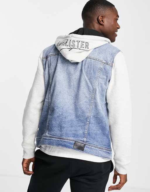 Hollister Hooded Denim Jacket With Gray Sweat Sleeves And Hood In