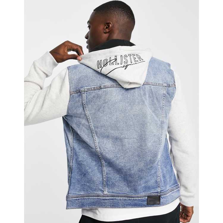 Hollister sweat sleeve hood denim jacket in medium wash grey