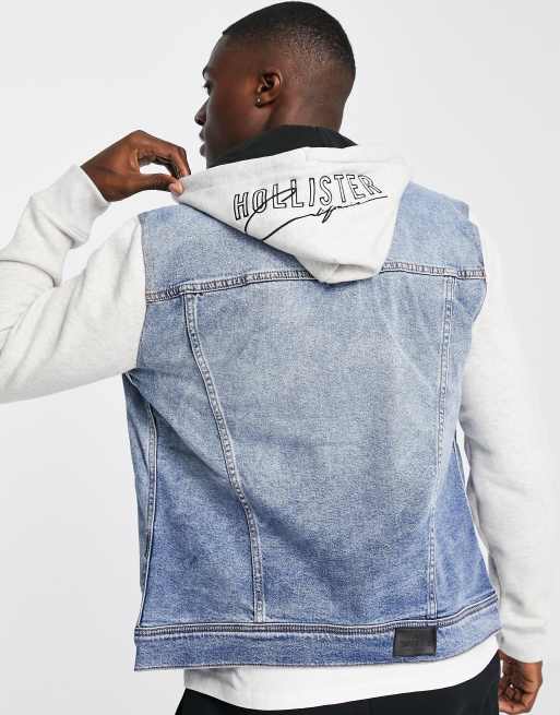 Hollister sweat sleeve hood denim jacket in medium wash grey