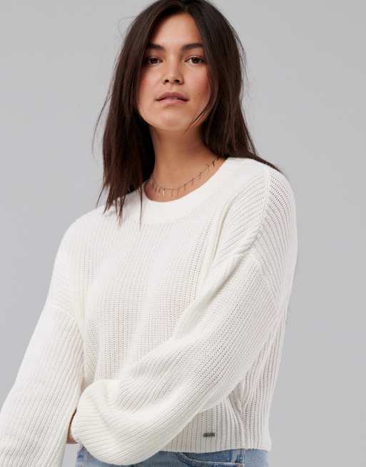 Hollister front logo knitted crew neck sweater in white