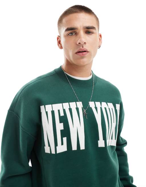 Hollister – Sweatshirt im Vintage-Stil in Dunkelgrün mit lockerer Passform und „New York“-College-Logo