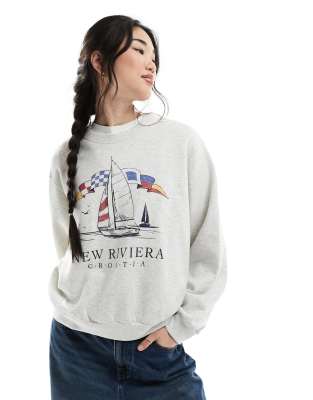 Hollister - Sweatshirt in Grau mit „New Riviera"-Print