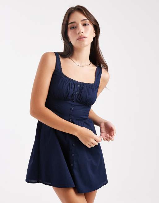 Hollister sweetheart button through mini dress in navy, 2 of 4