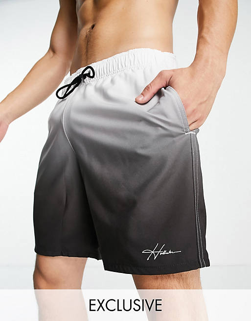 Hollister swim shorts with small logo in black and white ombre print