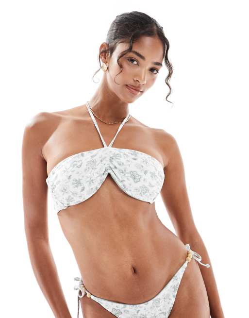 Hollister swimwear bandeau tie bikini top in green florals co-ord