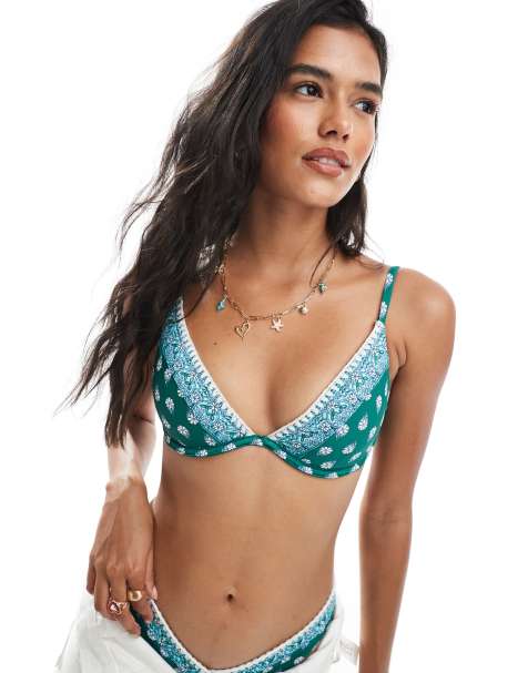 Hollister Swimwear - Top bikini con ferretto e scollo profondo verde a fiori in coordinato - view 1